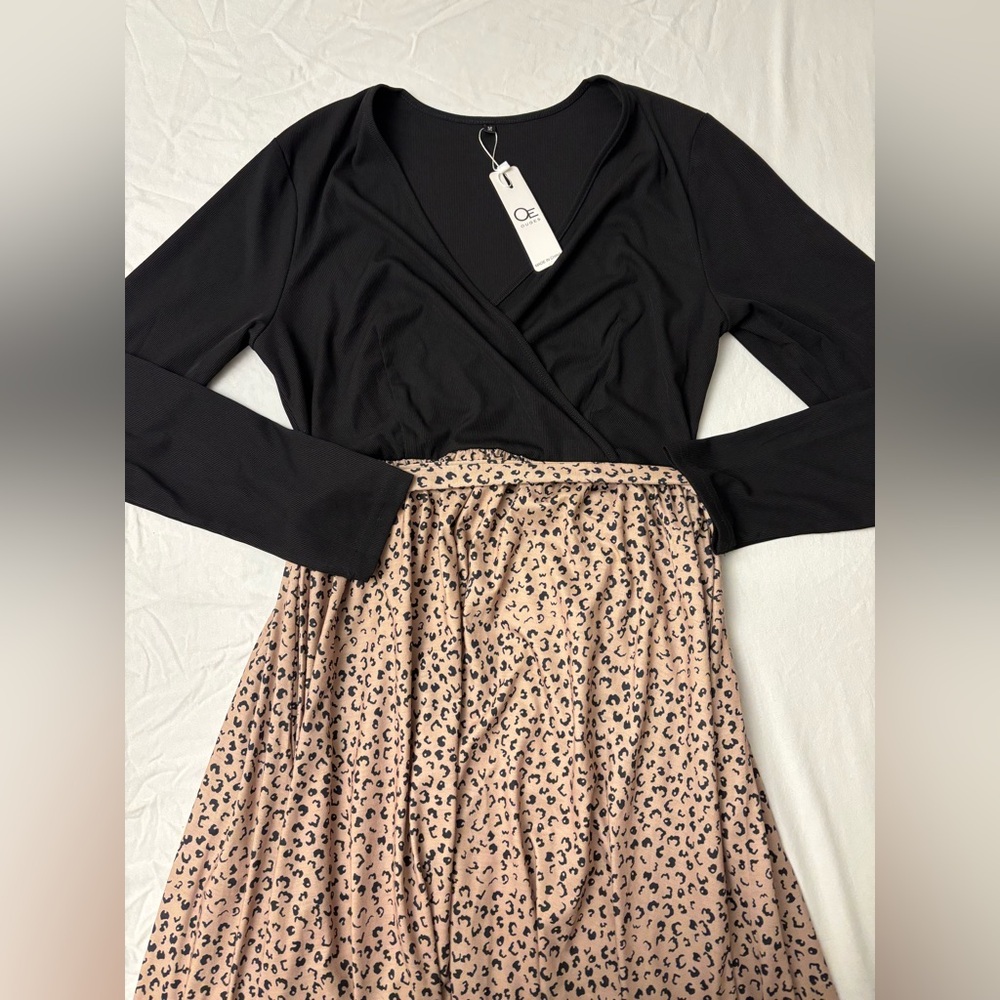 Maternity Black Long Sleeve soft Midi dress with leopard Skirt